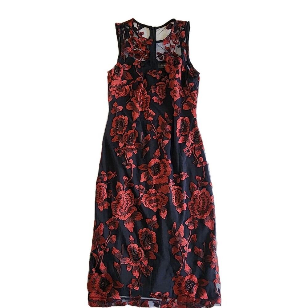 Donna Ricco Black Floral High Neck Embroidered Rose Mesh Sheath Dress Size 2